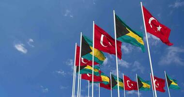 bahamas y Turquía banderas ondulación juntos en el cielo, sin costura lazo en viento, espacio en izquierda lado para diseño o información, 3d representación video