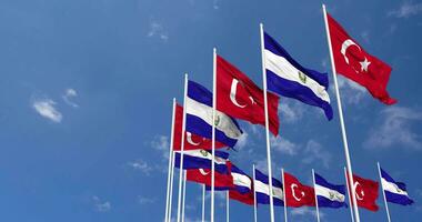 El Salvador and Turkey Flags Waving Together in the Sky, Seamless Loop in Wind, Space on Left Side for Design or Information, 3D Rendering video