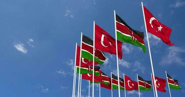 Kenya and Turkey Flags Waving Together in the Sky, Seamless Loop in Wind, Space on Left Side for Design or Information, 3D Rendering video