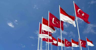 Indonesia and Turkey Flags Waving Together in the Sky, Seamless Loop in Wind, Space on Left Side for Design or Information, 3D Rendering video