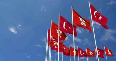 Hong Kong and Turkey Flags Waving Together in the Sky, Seamless Loop in Wind, Space on Left Side for Design or Information, 3D Rendering video
