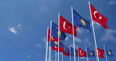 Kosovo and Turkey Flags Waving Together in the Sky, Seamless Loop in Wind, Space on Left Side for Design or Information, 3D Rendering video