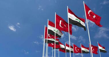 Iraq and Turkey Flags Waving Together in the Sky, Seamless Loop in Wind, Space on Left Side for Design or Information, 3D Rendering video