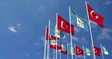 Guatemala and Turkey Flags Waving Together in the Sky, Seamless Loop in Wind, Space on Left Side for Design or Information, 3D Rendering video