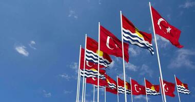 Kiribati and Turkey Flags Waving Together in the Sky, Seamless Loop in Wind, Space on Left Side for Design or Information, 3D Rendering video