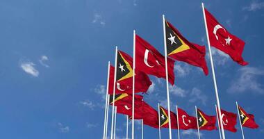 East Timor and Turkey Flags Waving Together in the Sky, Seamless Loop in Wind, Space on Left Side for Design or Information, 3D Rendering video