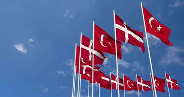 Denmark and Turkey Flags Waving Together in the Sky, Seamless Loop in Wind, Space on Left Side for Design or Information, 3D Rendering video