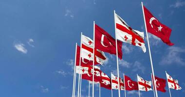 Georgia and Turkey Flags Waving Together in the Sky, Seamless Loop in Wind, Space on Left Side for Design or Information, 3D Rendering video