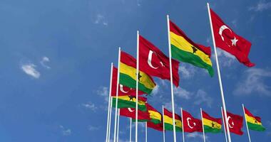 Ghana and Turkey Flags Waving Together in the Sky, Seamless Loop in Wind, Space on Left Side for Design or Information, 3D Rendering video