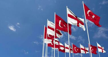 England and Turkey Flags Waving Together in the Sky, Seamless Loop in Wind, Space on Left Side for Design or Information, 3D Rendering video