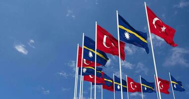 Nauru and Turkey Flags Waving Together in the Sky, Seamless Loop in Wind, Space on Left Side for Design or Information, 3D Rendering video