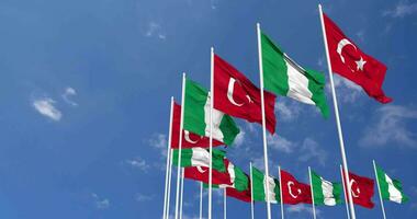 Nigeria and Turkey Flags Waving Together in the Sky, Seamless Loop in Wind, Space on Left Side for Design or Information, 3D Rendering video