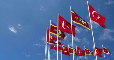 Eswatini and Turkey Flags Waving Together in the Sky, Seamless Loop in Wind, Space on Left Side for Design or Information, 3D Rendering video