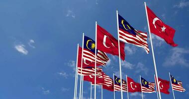 Malaysia and Turkey Flags Waving Together in the Sky, Seamless Loop in Wind, Space on Left Side for Design or Information, 3D Rendering video