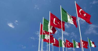 Mexiko und Truthahn Flaggen winken zusammen im das Himmel, nahtlos Schleife im Wind, Raum auf links Seite zum Design oder Information, 3d Rendern video