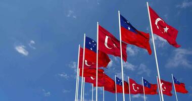 Samoa and Turkey Flags Waving Together in the Sky, Seamless Loop in Wind, Space on Left Side for Design or Information, 3D Rendering video