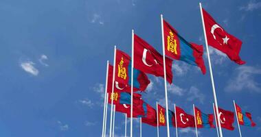 Mongolia and Turkey Flags Waving Together in the Sky, Seamless Loop in Wind, Space on Left Side for Design or Information, 3D Rendering video