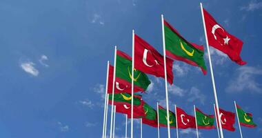 Mauritania and Turkey Flags Waving Together in the Sky, Seamless Loop in Wind, Space on Left Side for Design or Information, 3D Rendering video