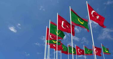 Mauritania and Turkey Flags Waving Together in the Sky, Seamless Loop in Wind, Space on Left Side for Design or Information, 3D Rendering video