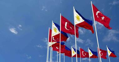 Philippines and Turkey Flags Waving Together in the Sky, Seamless Loop in Wind, Space on Left Side for Design or Information, 3D Rendering video