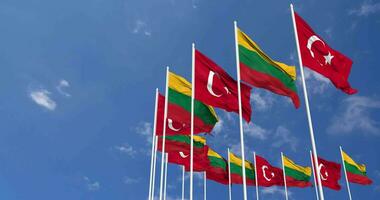 Lithuania and Turkey Flags Waving Together in the Sky, Seamless Loop in Wind, Space on Left Side for Design or Information, 3D Rendering video