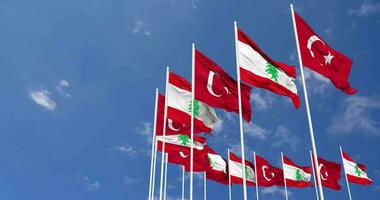 Lebanon and Turkey Flags Waving Together in the Sky, Seamless Loop in Wind, Space on Left Side for Design or Information, 3D Rendering video