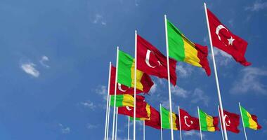 Mali and Turkey Flags Waving Together in the Sky, Seamless Loop in Wind, Space on Left Side for Design or Information, 3D Rendering video