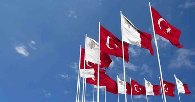 Malta and Turkey Flags Waving Together in the Sky, Seamless Loop in Wind, Space on Left Side for Design or Information, 3D Rendering video