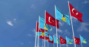 Saint Lucia and Turkey Flags Waving Together in the Sky, Seamless Loop in Wind, Space on Left Side for Design or Information, 3D Rendering video