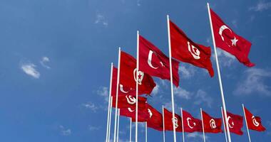 Tunisia and Turkey Flags Waving Together in the Sky, Seamless Loop in Wind, Space on Left Side for Design or Information, 3D Rendering video