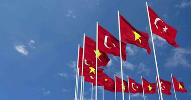 Vietnam and Turkey Flags Waving Together in the Sky, Seamless Loop in Wind, Space on Left Side for Design or Information, 3D Rendering video