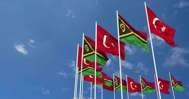 Vanuatu and Turkey Flags Waving Together in the Sky, Seamless Loop in Wind, Space on Left Side for Design or Information, 3D Rendering video