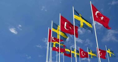 Sweden and Turkey Flags Waving Together in the Sky, Seamless Loop in Wind, Space on Left Side for Design or Information, 3D Rendering video