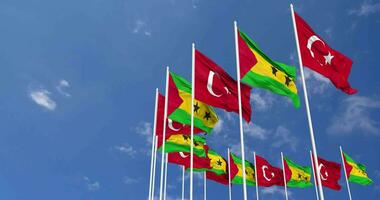 Sao Tome and Principe and Turkey Flags Waving Together in the Sky, Seamless Loop in Wind, Space on Left Side for Design or Information, 3D Rendering video