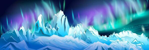 Landscape with Northern lights and snowy mountains, vector