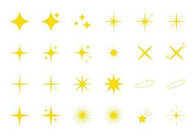 Yellow sparkles set, vector sparkling stars, shiny flashes of fireworks. Set of star elements of various shapes