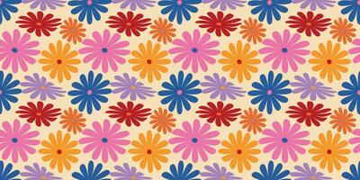 Groovy Daisy Flowers Seamless Pattern. Floral Vector Background in 1970s Hippie Retro Style for Print on Textile, Wrapping Paper, Web Design and Social Media