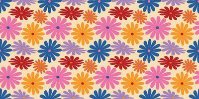 Groovy Daisy Flowers Seamless Pattern. Floral Vector Background in 1970s Hippie Retro Style for Print on Textile, Wrapping Paper, Web Design and Social Media