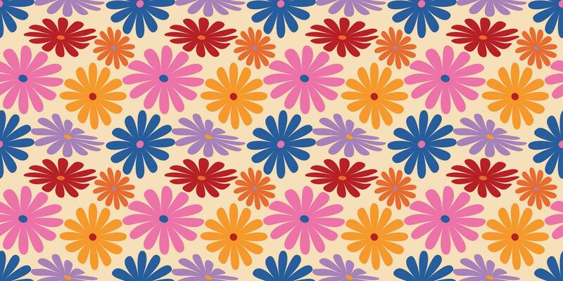 Groovy Daisy Flowers Seamless Pattern. Floral Vector Background in 1970s Hippie Retro Style for Print on Textile, Wrapping Paper, Web Design and Social Media