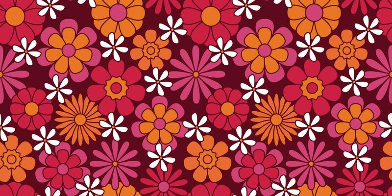 Colorful groovy floral seamless pattern. Hippie aesthetic. Funny multicolored print for fabric, paper, any surface design. Psychedelic wallpaper