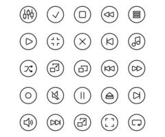 Vector line set Media player icon. Music symbol and multimedia play video. Technology web button control interface and record pictogram computer. Simple menu equipment UI musical app