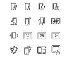 vector línea icono conjunto móvil dispositivos. tecnología contorno símbolo y comunicación firmar con teléfono electrónico. aislado inteligente pantalla tableta y conexión equipo colección