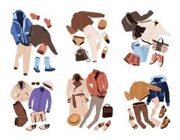 Outfits set in casual style for men. Fashion clothing, accessories, shoes for fall and winter. isolated flat vector illustrations on white background.