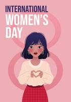International Women's Day. 8 March. Poster with number eight and young asian woman showing sign of heart. Inspire inclusion. Modern vector design for postcard, poster, campaign, social media post.