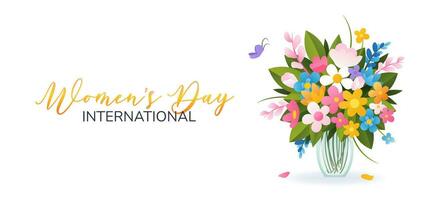 International Women's Day. 8 March. Banner with isolated vase and bouquet of various spring flowers on white background. Modern vector design for poster, campaign, social media post.