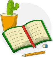 Illustration of learning - do your homework. Open notebook, pencil and cactus vector