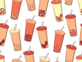 Seamless pattern of drinks in tall glasses - coffee and bubble-tea. Beige colours. Vector illustration