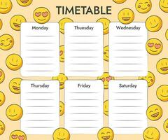 Weekly class schedule template for study or work with yellow smiling emoji. Vector illustration