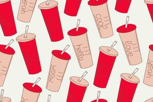 Seamless pattern of drinks in tall glasses - coffee and tea. Red colours. Miscellaneous text vector