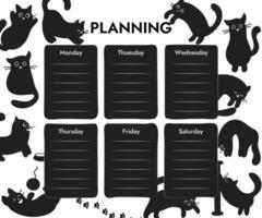 semanal clase calendario modelo para aprendizaje o trabajando con gracioso negro gatos vector ilustración